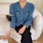 Puff-sleeve Golden-button Denim Jacket Blue - One Size
