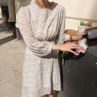 Flower Print Long-sleeve A-line Mini Chiffon Dress