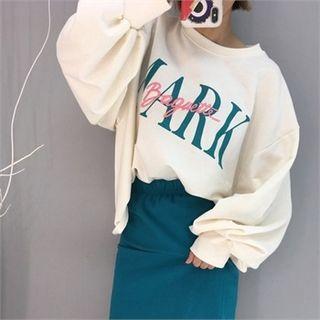 Set: Letter Print Pullover + Slit-front Midi Skirt