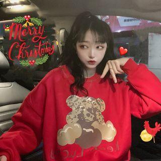 Bear Print Knit Sweater Red - One Size