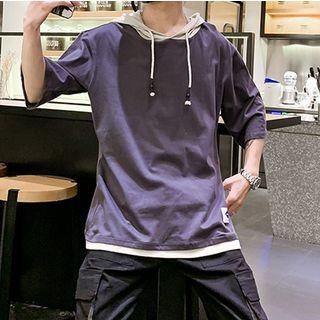 3/4-sleeve Color Block Hooded T-shirt