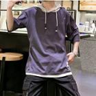 3/4-sleeve Color Block Hooded T-shirt