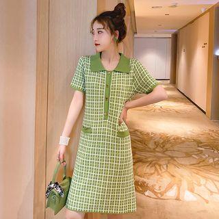 Short-sleeve Checker Buttoned Knit Dress