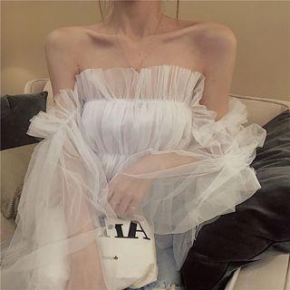 Long-sleeve Off Shoulder Mesh Top As Shown In Figure - One Size