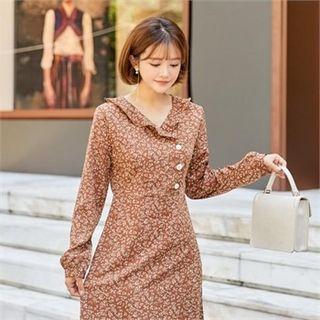 Ruffled-collar Button-side Patterned Dress