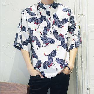 Swan Print Elbow Sleeve Band Collar Shirt