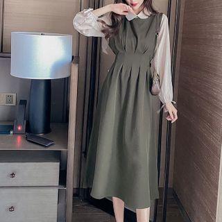 Set: Collared Blouse + Midi A-line Overall Dress