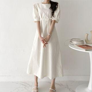 Puff-sleeve Plain Drawstring A-line Dress
