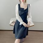 Asymmetric Puff-sleeve Paneled A-line Dress