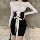 Long Sleeve Plain T-shirt / Lace-up Fitted Skirt