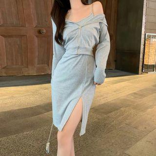 Zip-up Hoodie / Spaghetti-strap Slit Mini Sheath Dress