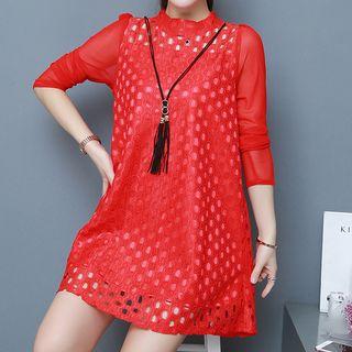 Perforated Long-sleeve Shift Dress