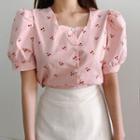 Puff-sleeve Cherry Print Top / A-line Mini Skirt