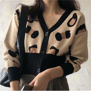 Leopard Print Cardigan Black & Khaki - One Size