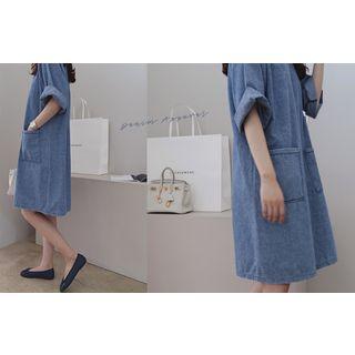 Elbow-sleeve Pocket-detail Denim A-line Dress