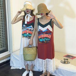 Spaghetti Strap Printed Lace Panel Midi Dress