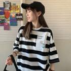 Elbow-sleeve Striped Graphic Print T-shirt