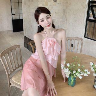 Halter Ruffle Mini Smock Dress