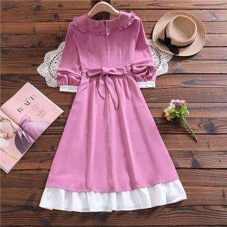 Ruffle Trim Collar Bow Midi A-line Dress