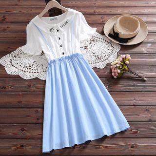Mock Two-piece Short-sleeve Frill Trim Embroidered Rabbit A-line Dress