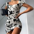 Cap-sleeve Printed Mini Bodycon Dress