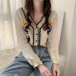 Floral Embroidered Knit Paneled Blouse