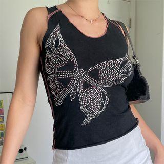 Rhinestone Butterfly Round Neck Tank Top