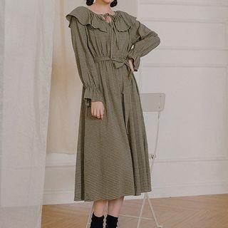 Check Ruffle Collar A-line Midi Dress With Sash