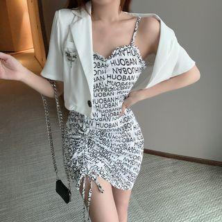 Lettering Spaghetti-strap Dress / Short-sleeve Blazer
