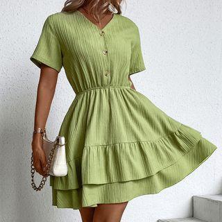 Short-sleeve V-neck Plain Ribbed A-line Dress