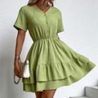 Short-sleeve V-neck Plain Ribbed A-line Dress