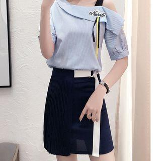 Set: Striped Short-sleeve Blouse + Asymmetric Skirt
