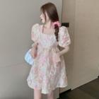Square Collar Floral Puff-sleeved Dress As Shown In Figure - One Size