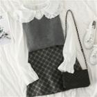 V-neck Knit Vest / Plaid Slim-fit Skirt