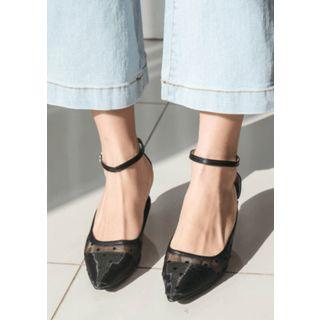 Ankle-strap Kitten-heel Dot Mesh Pumps
