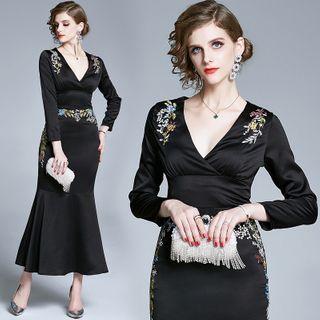 Embroidered Long-sleeve Ruffle Hem Maxi Sheath Dress