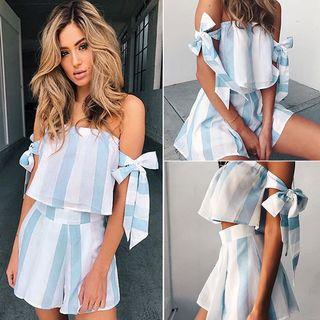 Set: Striped Off-shoulder Top + Wide Leg Shorts