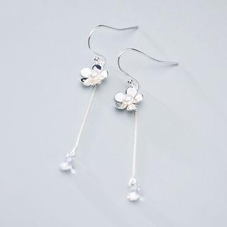 925 Sterling Silver Flower Faux Pearl Dangle Earring 1 Pair - As Shown In Figure - One Size