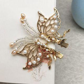 Retro Faux Pearl Butterfly Hair Clip 1 Pair - L38 - One Size