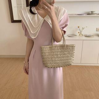 Short-sleeve Wide Collar Midi Sheath Dress