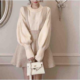 Set Of 2: Mock-neck Knit Top + Plaid Suspender Skirt