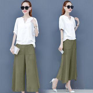 Set: Short-sleeve V-neck Top + Wide Leg Pants