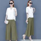 Set: Short-sleeve V-neck Top + Wide Leg Pants