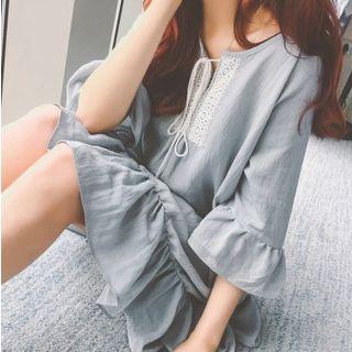 Elbow-sleeve Ruffle-hem Mini Dress