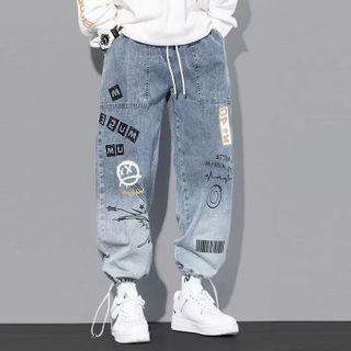 Print Drawstring-cuff Wide Leg Jeans