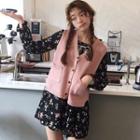 Set : Floral Long-sleeve Chiffon Dress + Knit Vest
