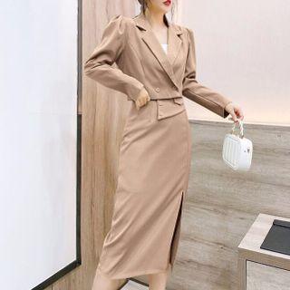 Set: Plain Cropped Blazer + Slit Midi Pencil Skirt