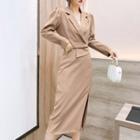 Set: Plain Cropped Blazer + Slit Midi Pencil Skirt