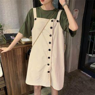 Elbow-sleeve T-shirt / Buttoned A-line Dungaree Dress