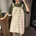 Elbow-sleeve T-shirt / Buttoned A-line Dungaree Dress